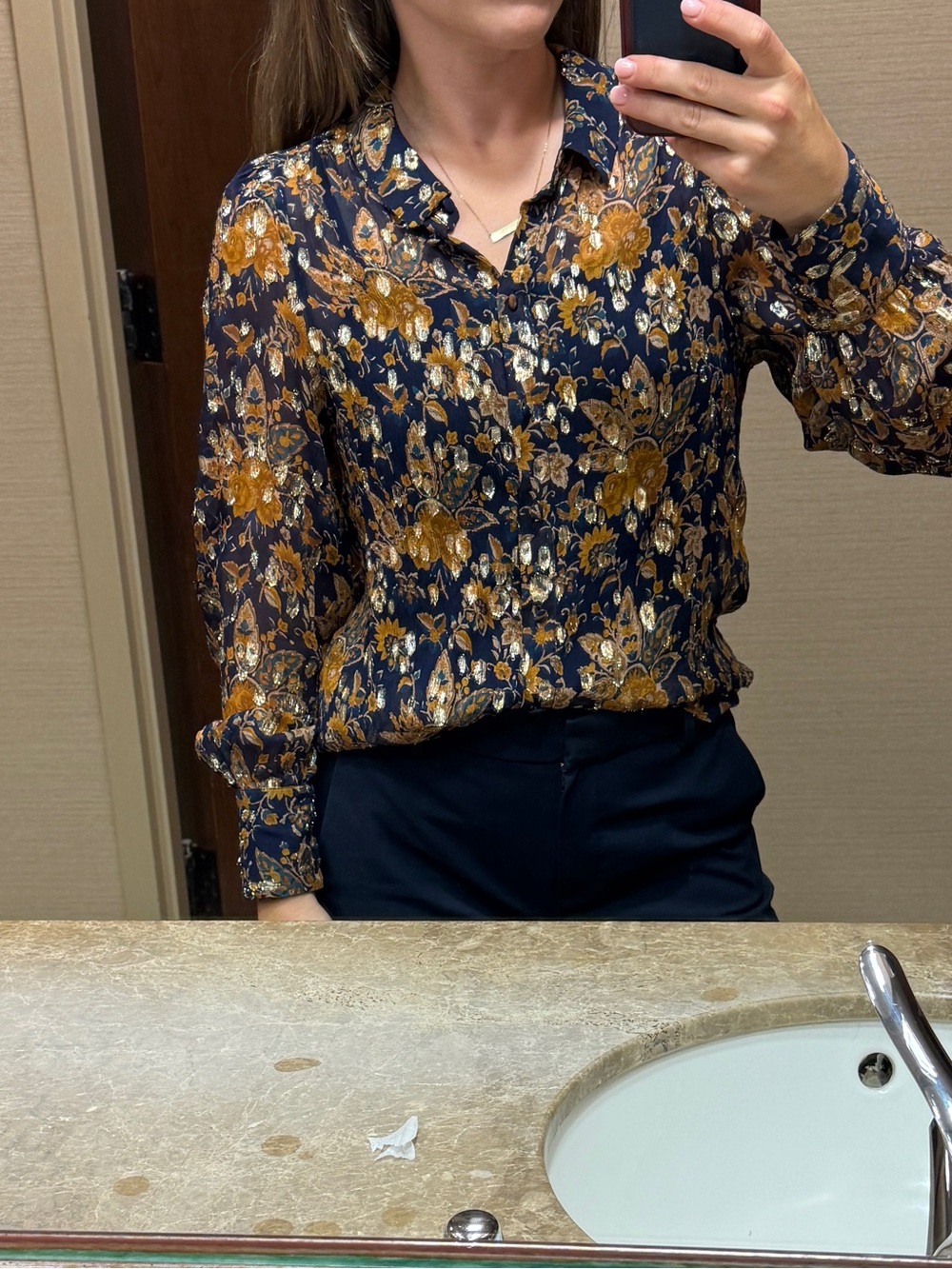 SÉZANE Navy & Gold Metallic Floral Semi-Sheer Silk Tianna Blouse